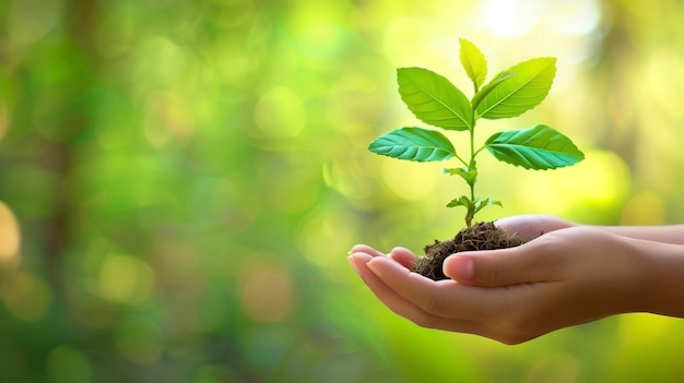 Photo hands gently holding a young plant with soil on a green background