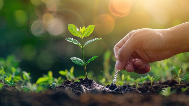 Hands gently watering a newly planted tree sapling nurturing its growth and ensuring it thrives in its new environment