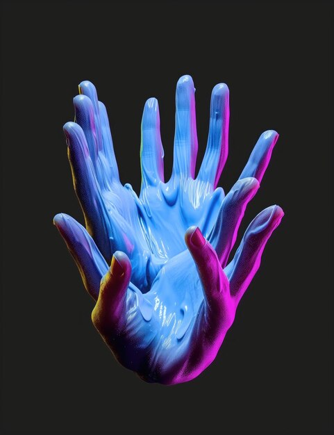 Hands gesture in neon light Abstarct artistic composition Bright vivid bold colors Surrealistic collage artwork Isolated dark background surrealism creative wallpaper