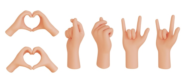 Hands gestures 3D cartoon collection icon character hand set concept I love you, 3D render