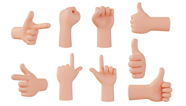 Hands gestures 3D cartoon collection icon character hand set isolated on white background 3D render