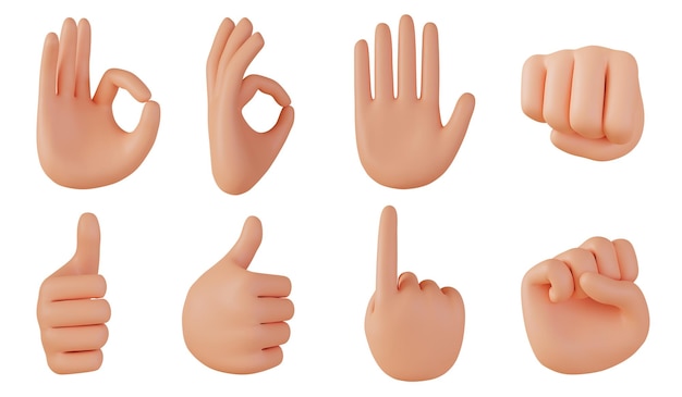 Photo hands gestures 3d cartoon collection icon character hand set isolated on white background 3d render