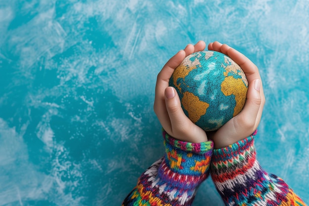 Hands of a girl clutching planet earth on a flat background with space for text