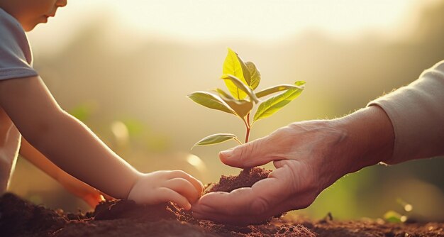 Hands of a girl and an elderly man planting a young plant Growth new life concept