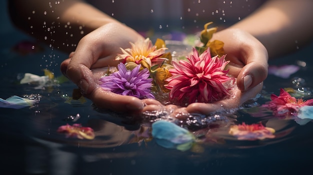 聖なる花を水に流す少女たちの手