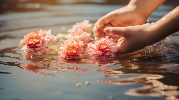 Hands of Girls Letting Sacred Flowers in the Water