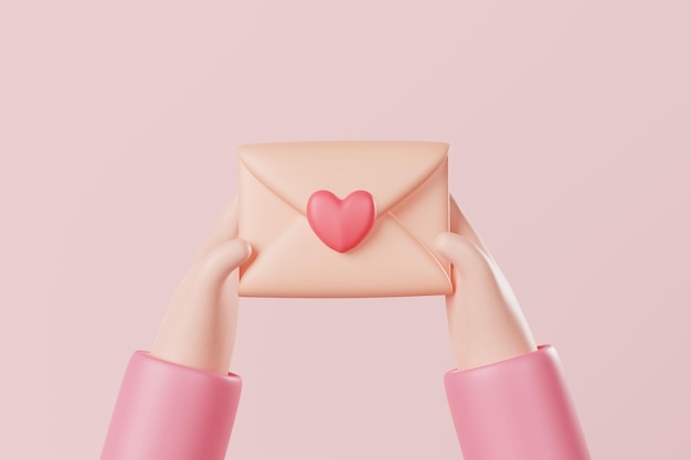 사진 분홍색 배경에 표시된 사랑 편지 또는 봉투를 주는 손 사랑 메시지 또는 카드 결혼식 초대 컨셉 3d 렌더링