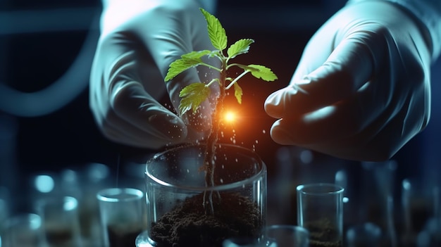 Hands in gloves hold a plant in a test tube with one of them being lit by a light bulb.