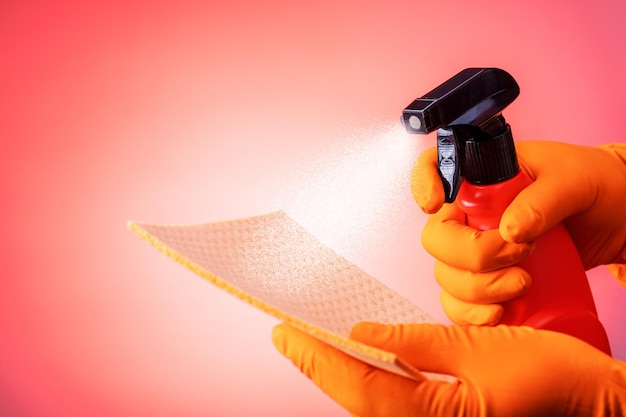 Hands in gloves holding cleaning spray bottle and sponge on pink background Cleaning service concept