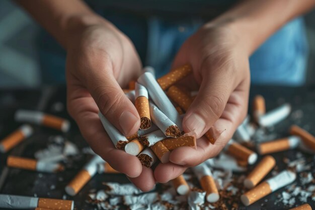 Hands grabbing cigarettes destroying them to quit smoking