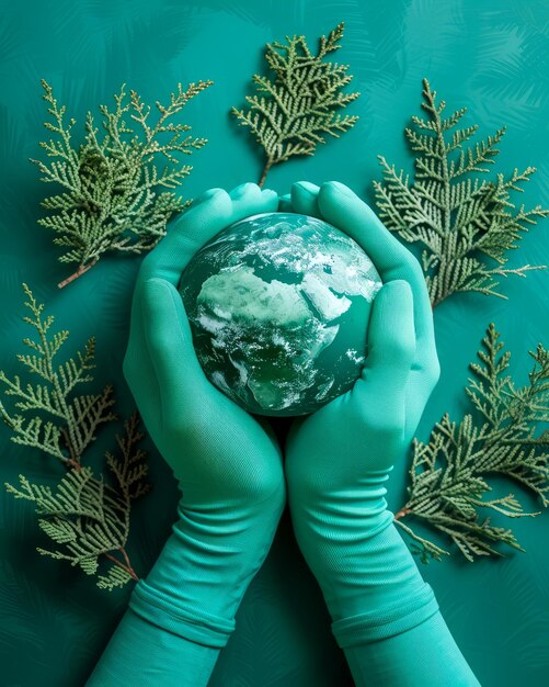 Photo hands in green gloves cradling a globe with botanical elements on teal background environmental