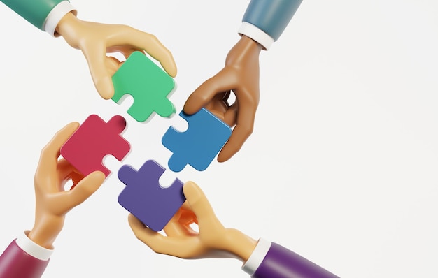 Hands of a group of businessmen assembling a jigsaw puzzle on a white background