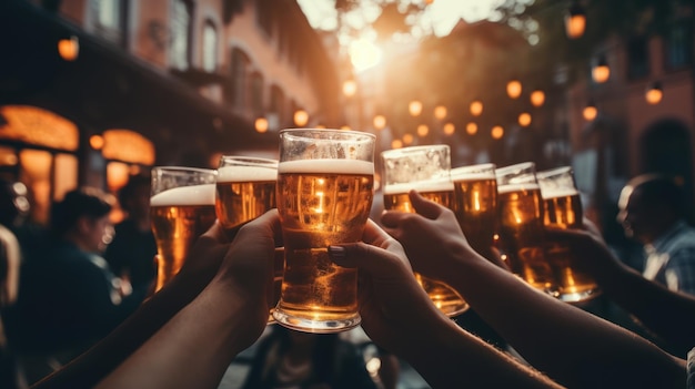 Photo hands of group of unrecognisable people toasting with beer bottles at outdoor party