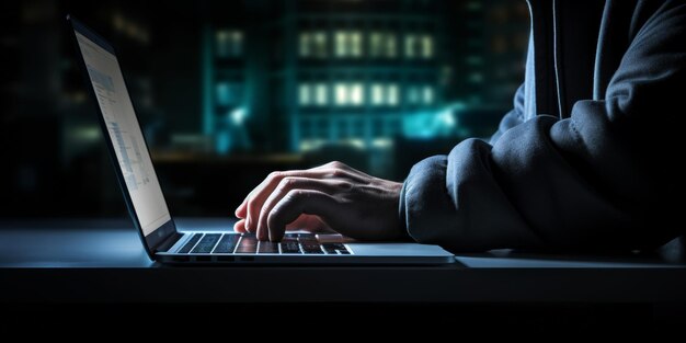 해커의 손은 사이버 보안과 데이터 보호를 상징하는 노트북에 컴퓨터 바이러스를 코딩합니다.