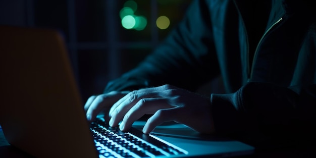 Руки хакера кодируют компьютерный вирус на ноутбуке, символизируя кибербезопасность и защиту данных.
