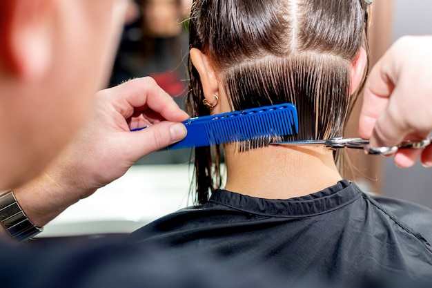 Hands of hairdresser cuts hair of woman close up and back view.