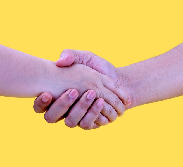 hands in handshake isolated on yellow.