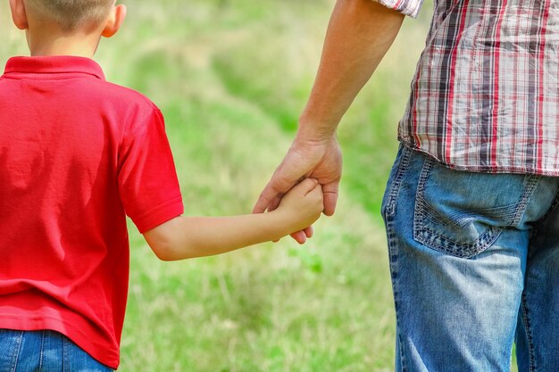 A Hands of happy child and parent on nature in the park family concept