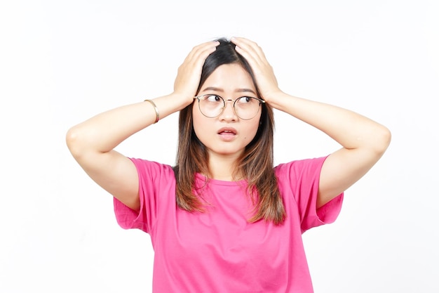 Hands on Head with WOW Face Expression Of Beautiful Asian Woman Isolated On White Background