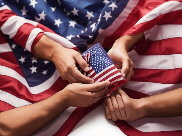Hands hold American flag with happy labor day text Generative Ai