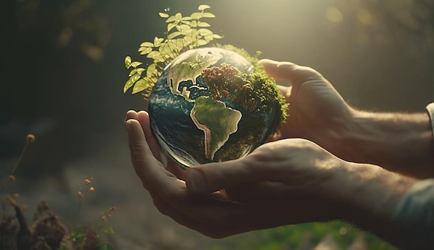 Hands hold earth and trees world environment day earth day background photo illustration