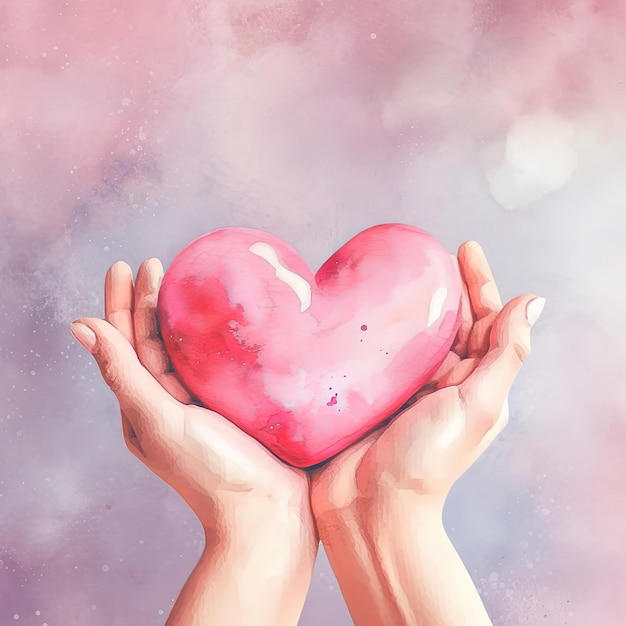 Hands hold heart watercolor Illustration AI Generative