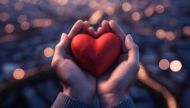 Hands hold a red heart on blue dark bokeh background