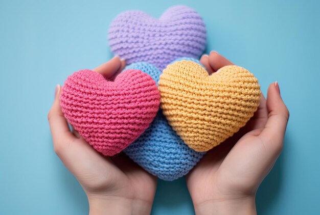 a hands hold several different valentine small crochet hearts in the style of colorful minimalism