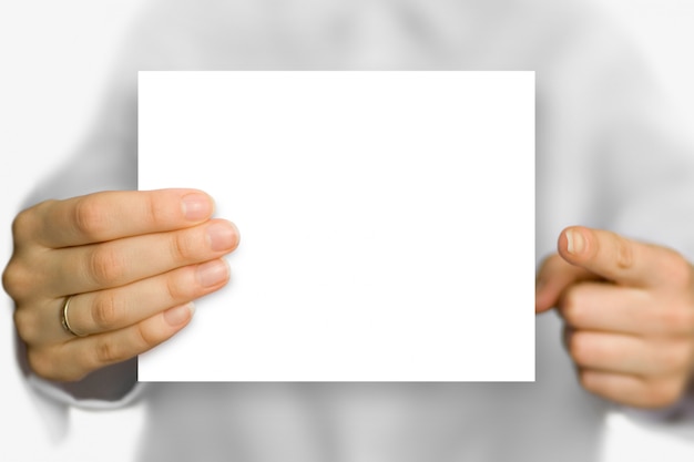 Hands hold and show on a white background