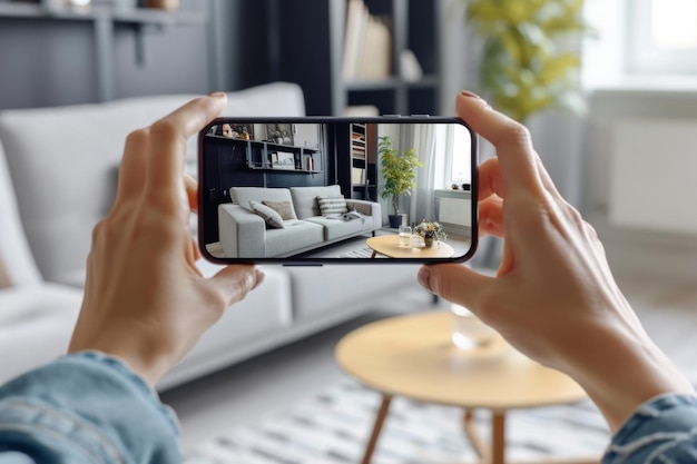 Hands hold smartphone with augmented reality interior design software to choose furniture Generative AI