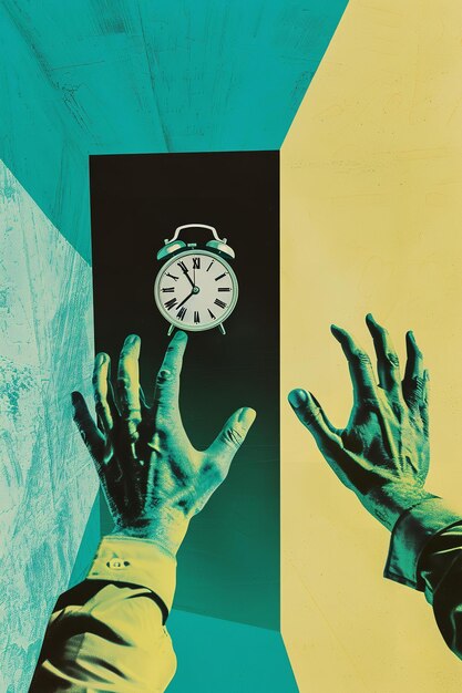 Foto mani che tengono un orologio sullo sfondo giallo