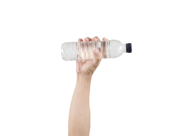 Hands hold water bottle isolated white