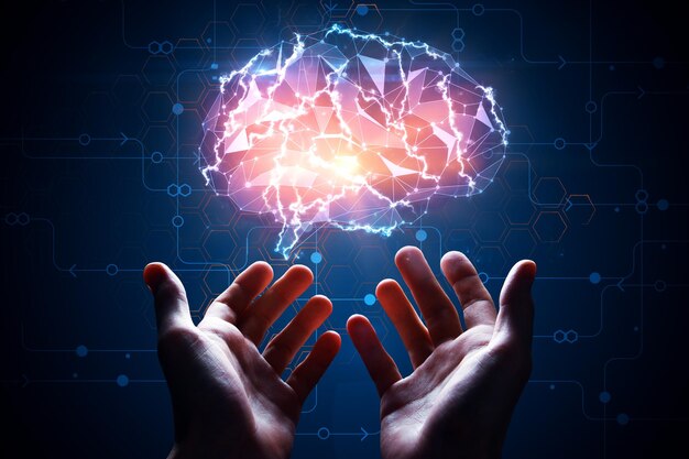 Photo hands holding artificial brain