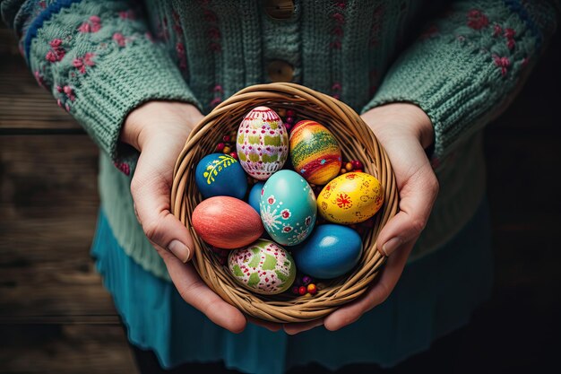 hands holding a basket with colorful Easter eggs