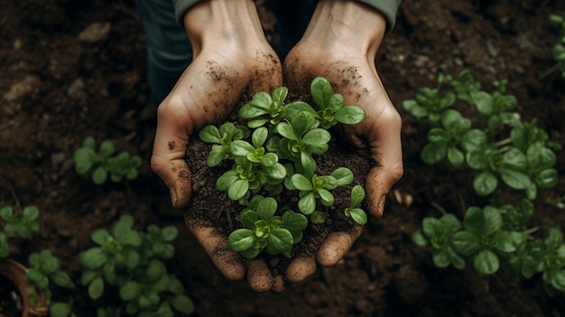 Hands holding beautiful purple basil plants with ground and roots They are ready for Generative AI