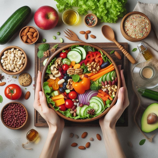 Hands holding big bowl with salad