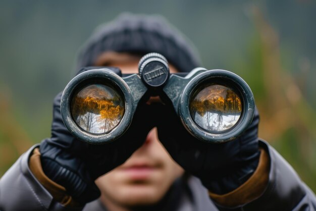 Hands holding binoculars on nature background