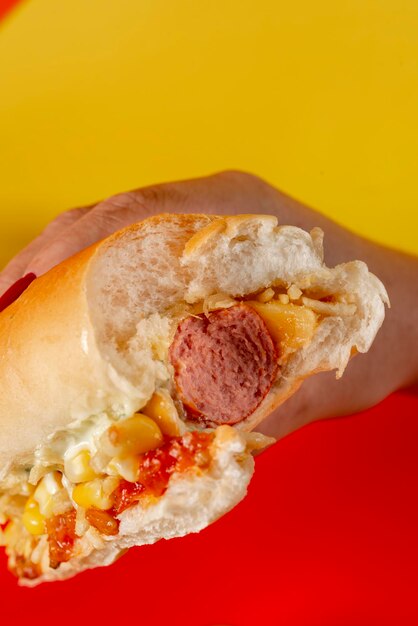 Hands holding bitten hot dog on multi colored background brazilian style