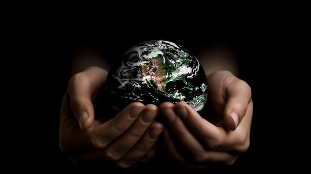 Photo hands holding a black earth globe with the word earth on it