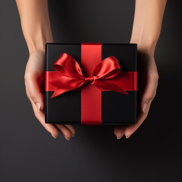 Hands holding a black gift box with red ribbon in black friday theme