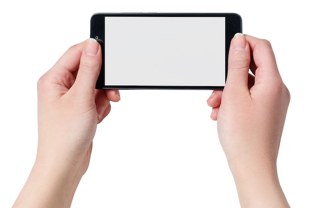 Hands holding Black Smartphone with blank screen