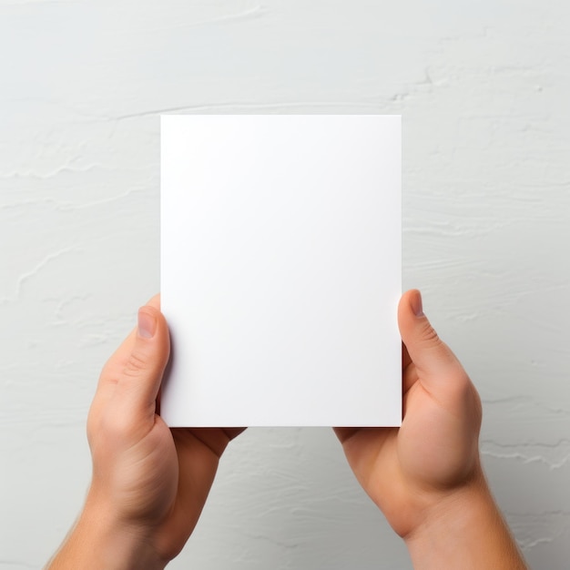 Photo hands holding blank business card on white background mockup for branding identity generative ai