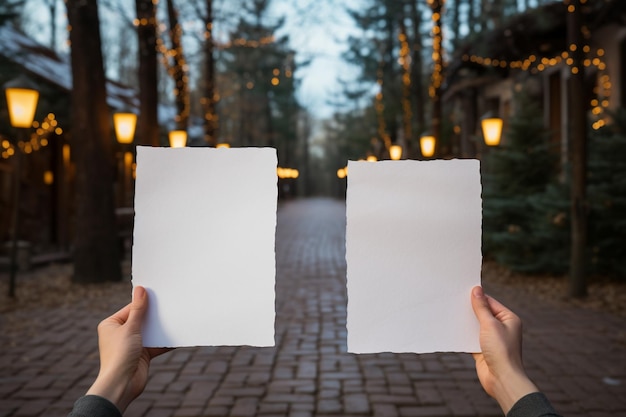Руки, держащие пустую бумагу с светящимися огнями рождественской елки