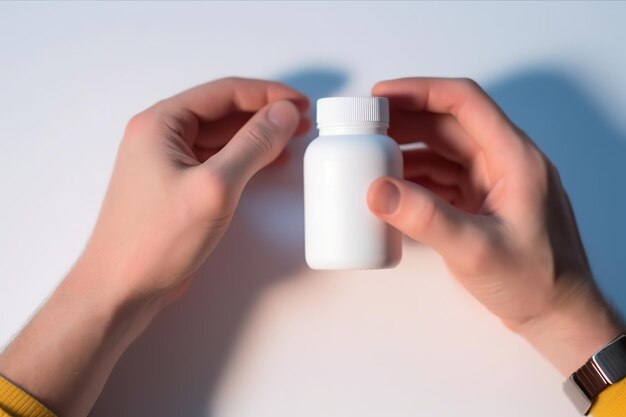 Hands holding blank pill bottle mock up style AI Generated