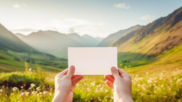 산과 빛 푸른 하늘을 가진 여름 파노라마 풍경을 배경으로 빈  카드를 들고 있는 손 포스트카드 여행 초청을 위한 레이아웃 개념