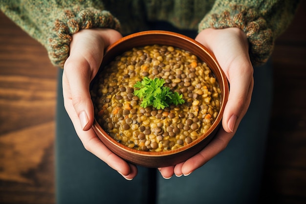 Foto mani che tengono una ciotola di zuppa di lenticchie contro uno sfondo accogliente