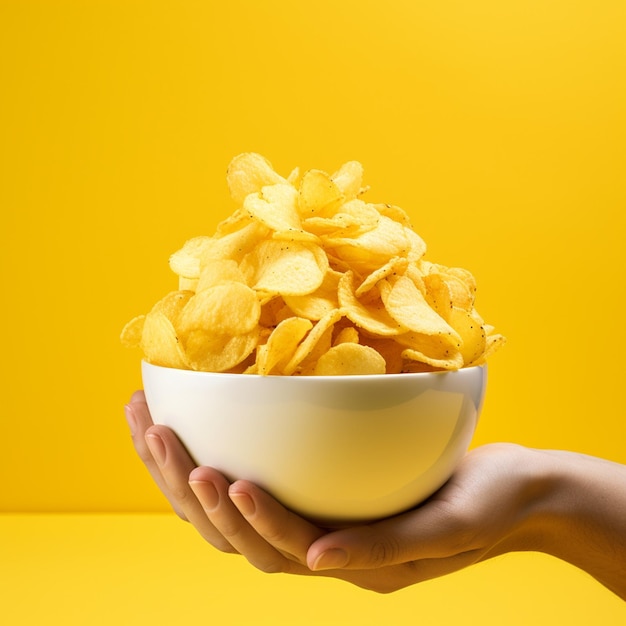 Photo a hands holding a bowl of potato chips isolated on a yellow background