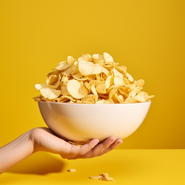 Photo a hands holding a bowl of potato chips isolated on a yellow background