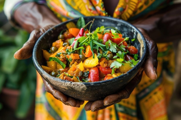 hands holding a bowl of vegetables