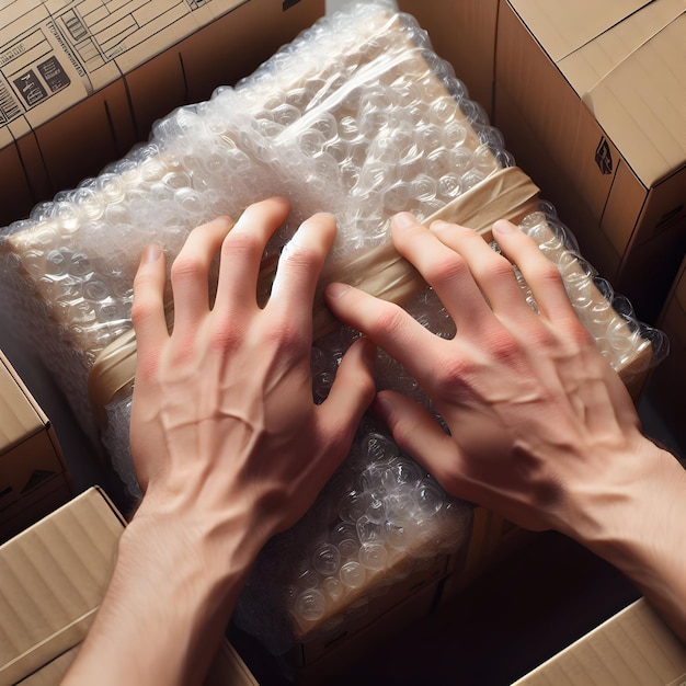 Photo hands holding boxes with white bubble wrap